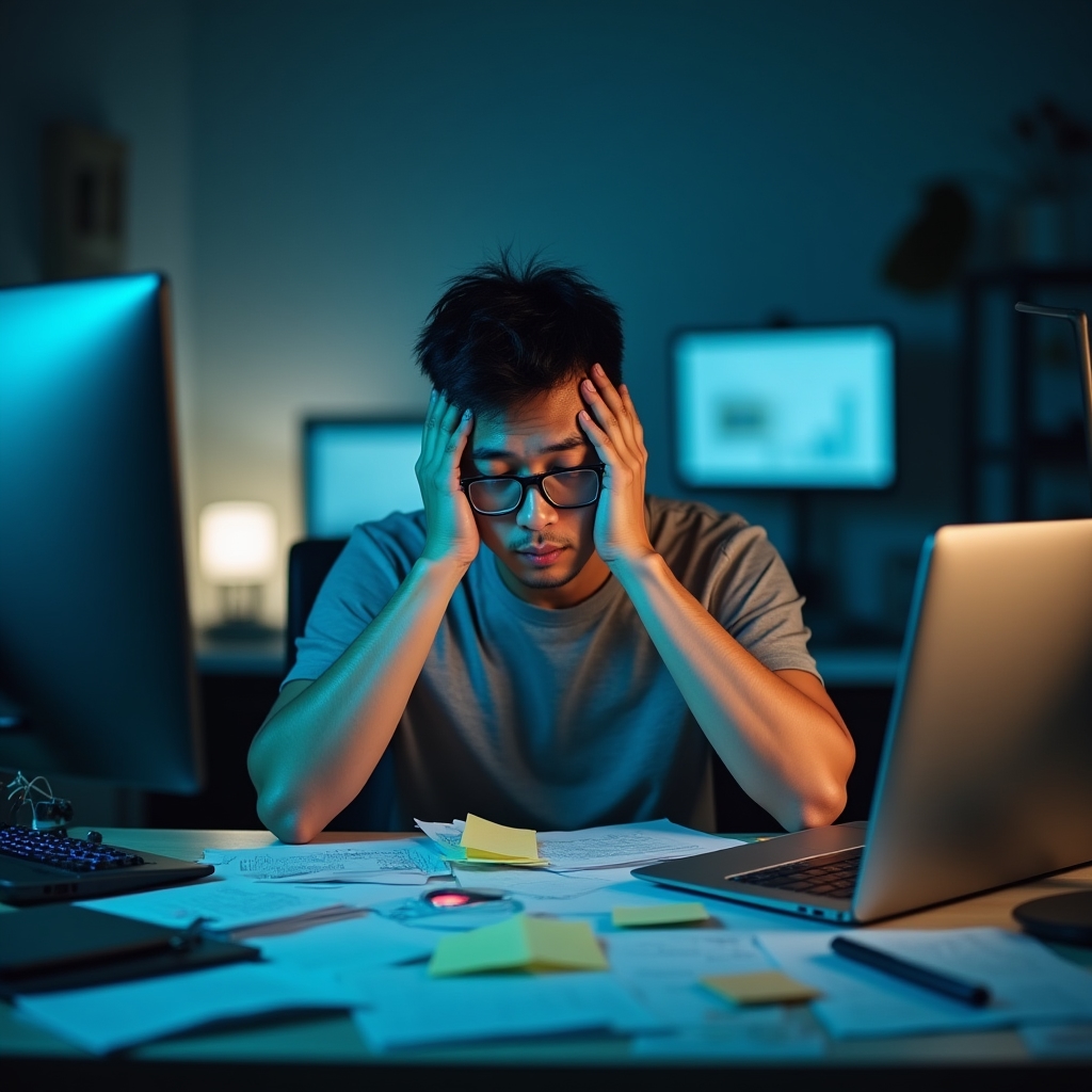 Freelancer s přeplněným stolem a pocitem přetížení