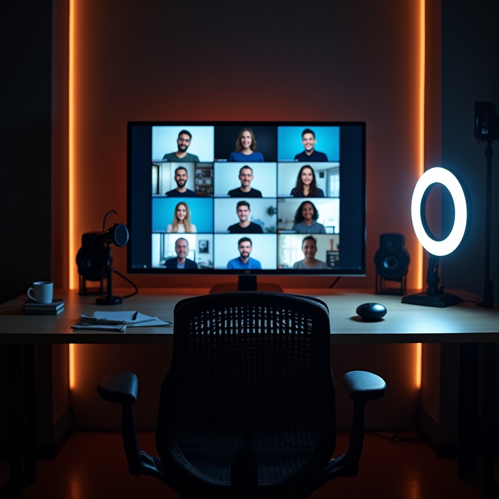 Online webinář s účastníky na obrazovkách, moderátor vede diskuzi